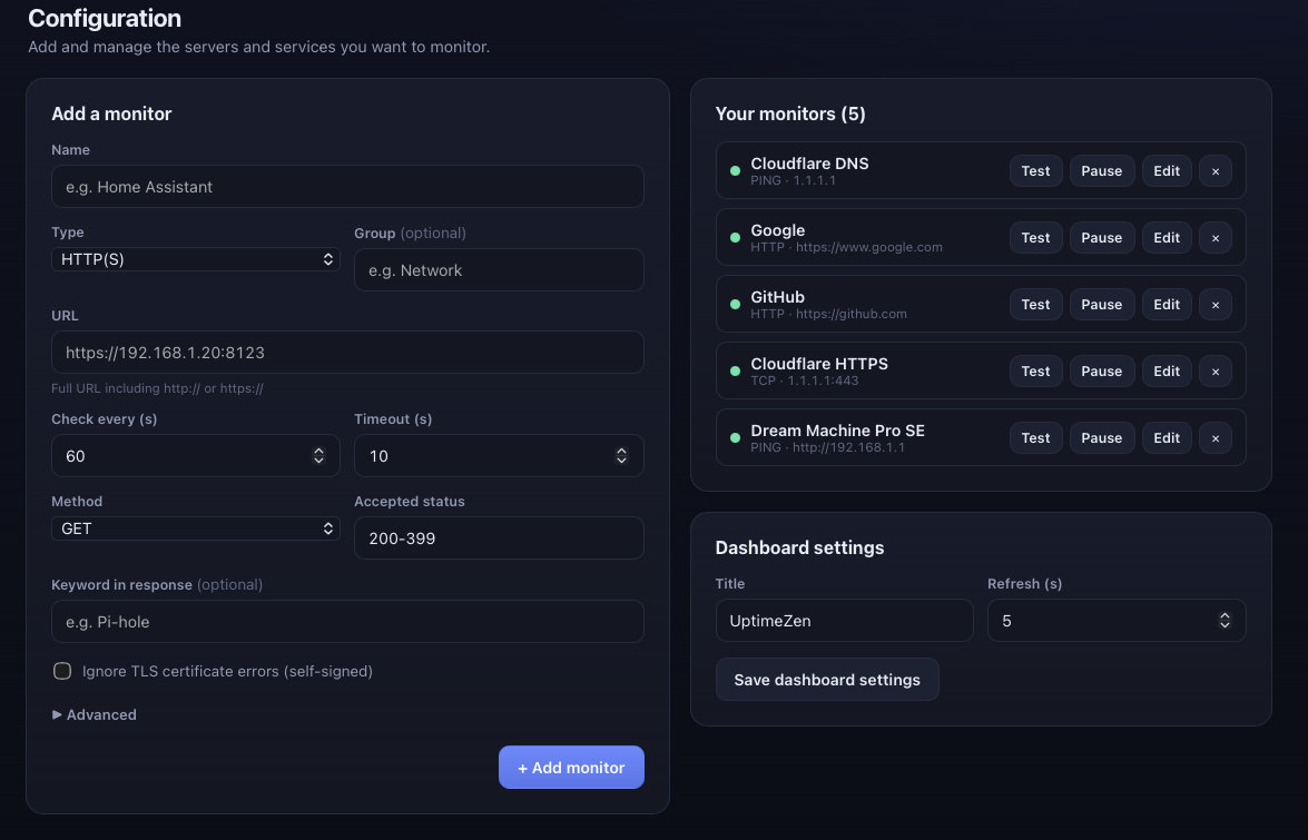 The manage panel for adding and editing monitors